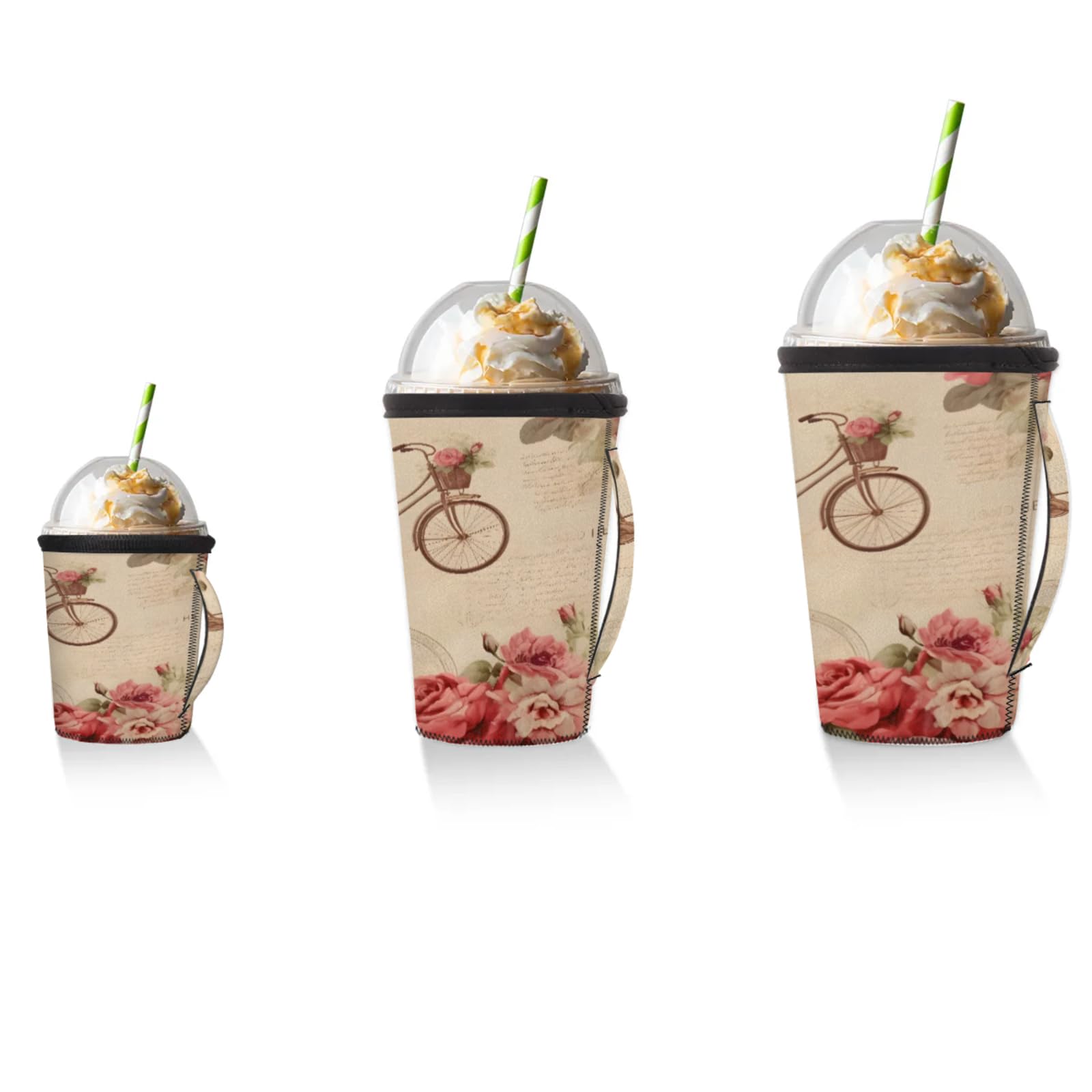 Bike Rose Poster Reusable Neoprene Coffee Sleeve with Handle Insulated Iced Coffee Cup Holder Reduces Condensation Fits 24-28 oz Cups M