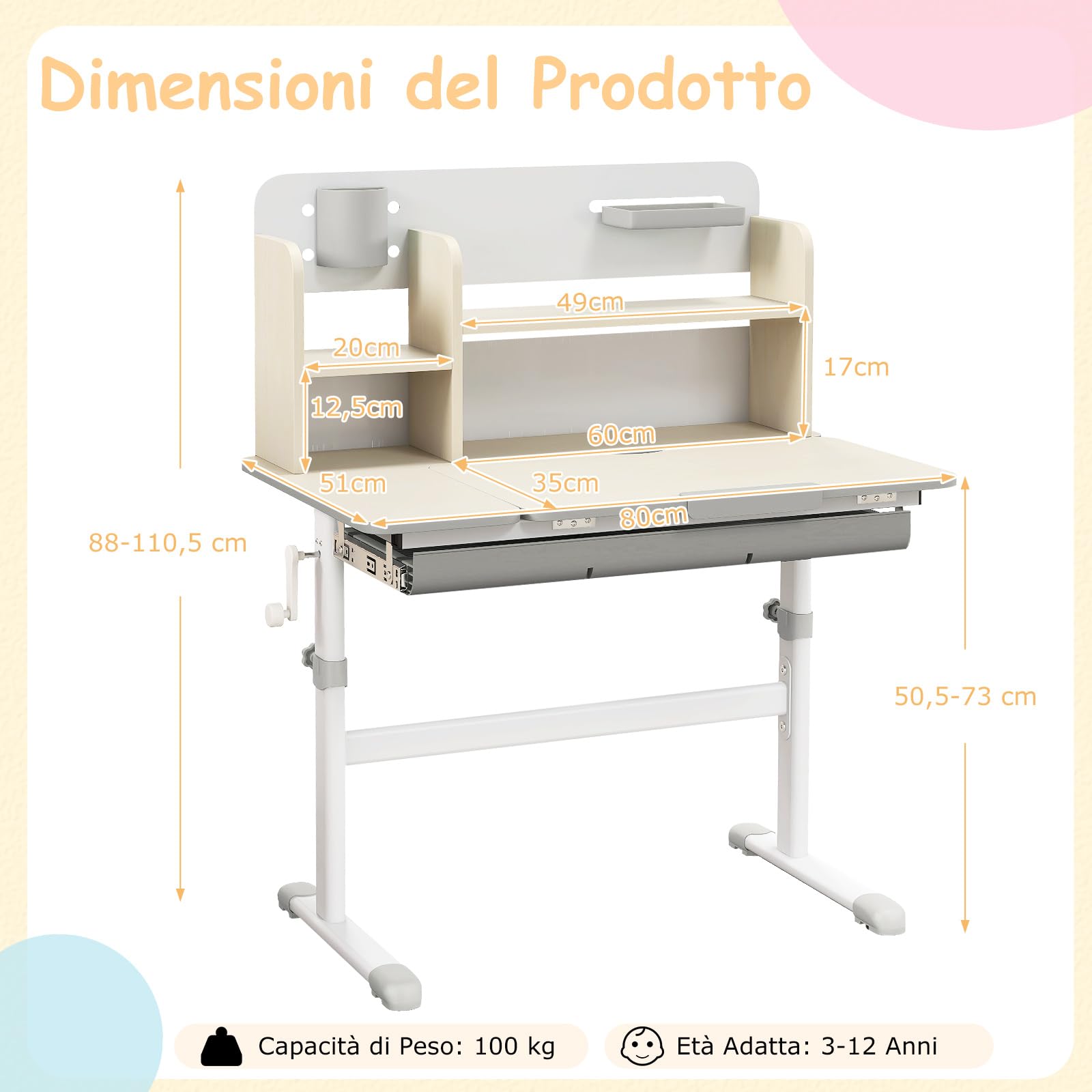 COSTWAY Scrivania per Bambini, Banco Scuola per 3-12 Anni Regolabile in Altezza da 50cm a 73cm con Piano Inclinabile 60°, Scrittoio Cameretta con Scaffale, Cassetto, Portapenne e Righello (Grigio)