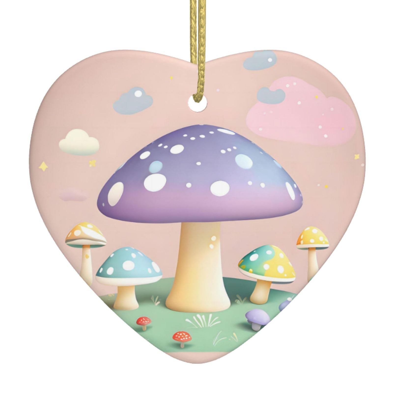 Cartoon Mushroom Ceramic Christmas Heart Pendant with Silk Thread, Christmas Tree Home Decoration