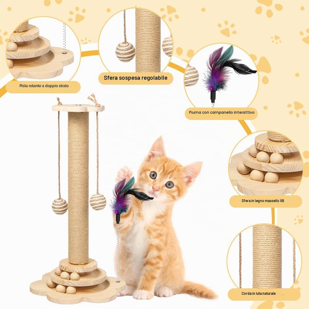 4 in 1 Tiragraffi per Gatti in Legno Albero Tiragraffi Gatto Colonna 50 x 25 cm Giocattolo Interattivo per Gatti 4 in 1 con Palline di Legno, Palla Sisal Pendente, Piume