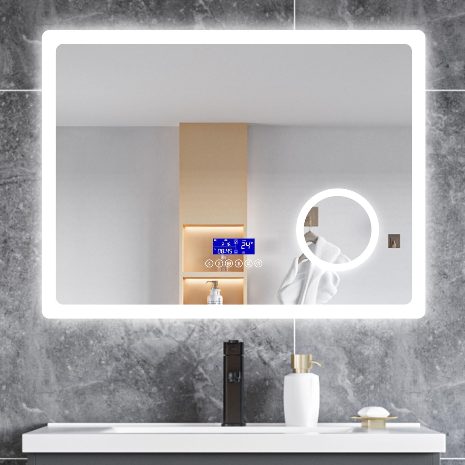 Simple Bathrooms Light 800X600 Rectangular Bathroom Mirror,3 Colors Dimmable Led ,3X Magnifier,Clock,Anti-Fog,Memory Function,Sensor Touch,Ip44