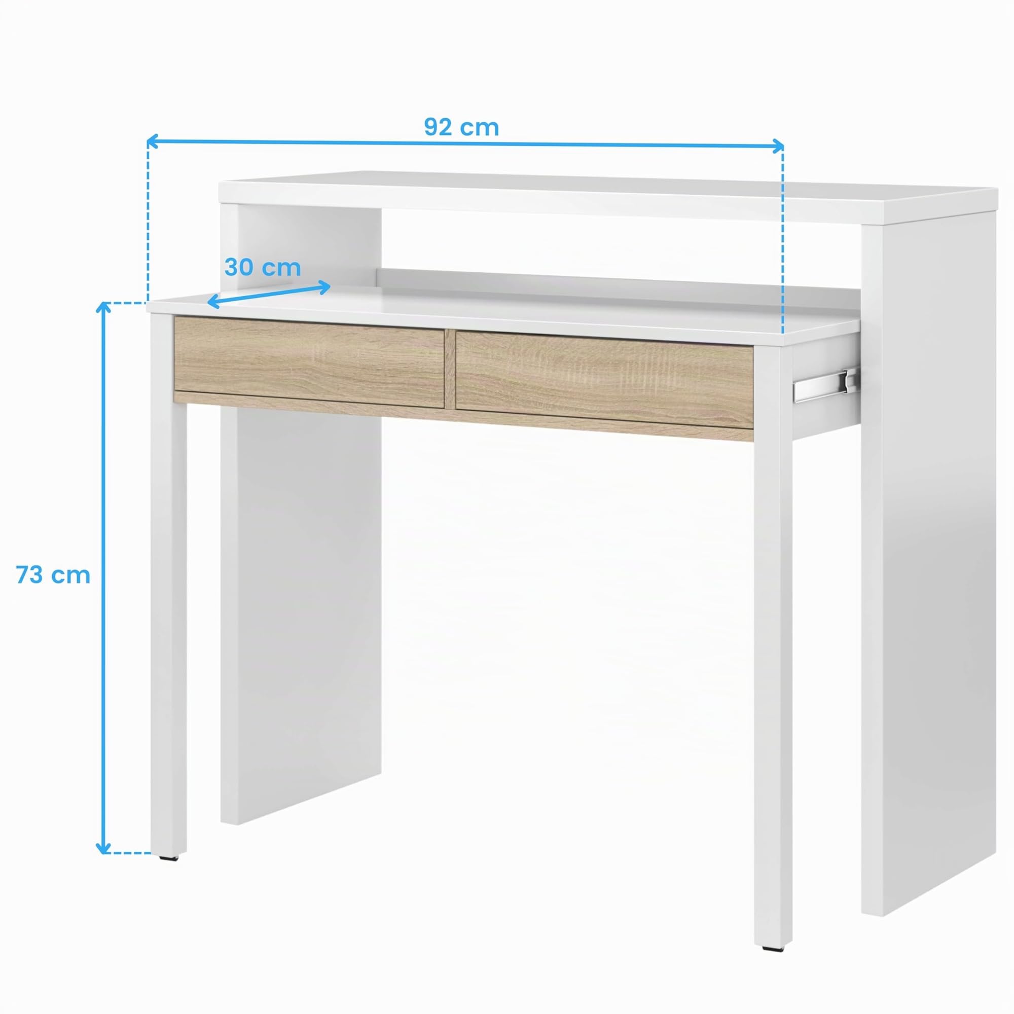 Habitdesign, ausziehbarer Schreibtisch Konsole in Artik weiß und kanadische Eiche – kompakter Tisch für Büro, Flur oder Arbeitszimmer, Maße: 98,5 x 87,5 x 36–70 cm (B x H x T)