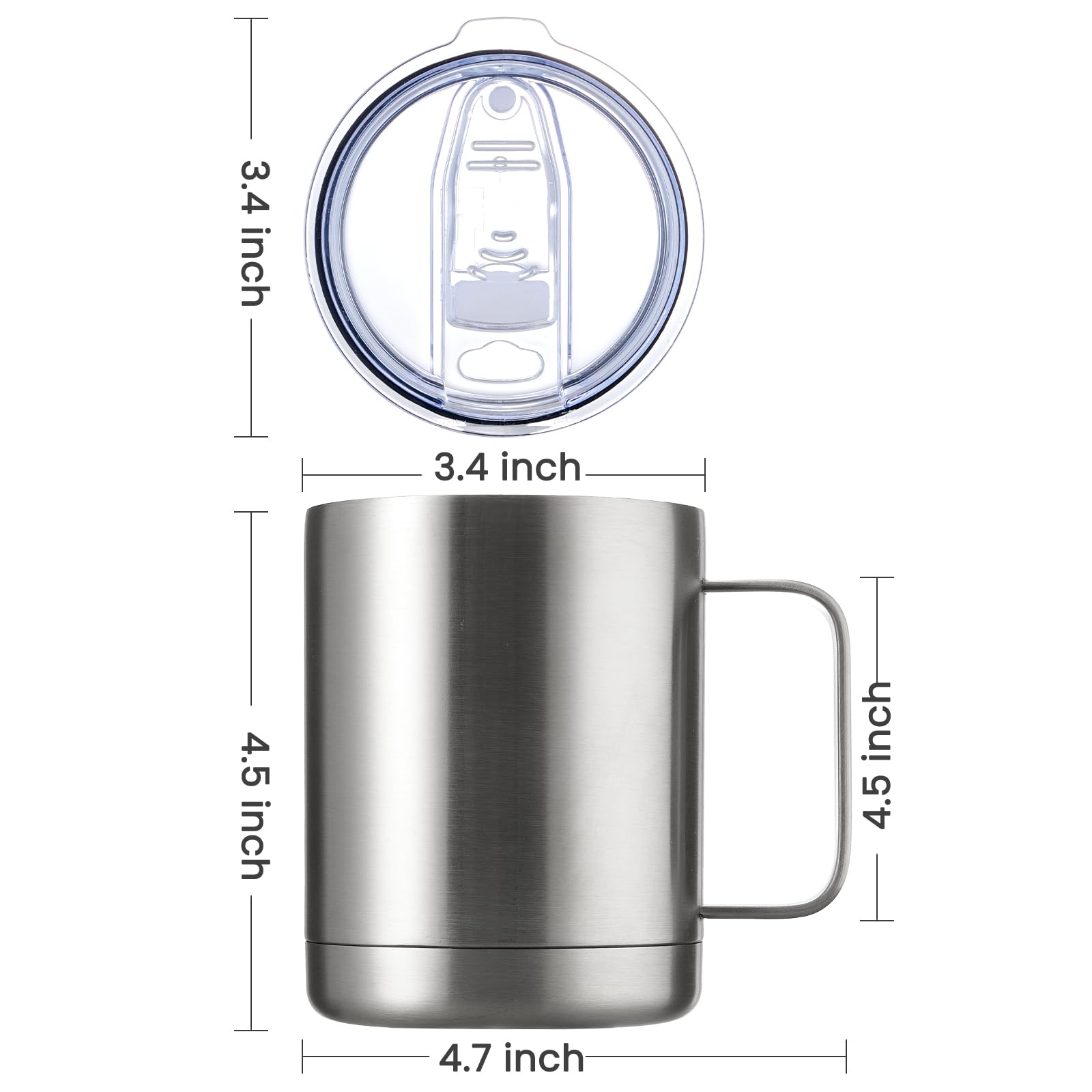 MEWAY Kubek do kawy 350 ml z uchwytem, 2 sztuki luzem, izolowane kubki podróżne ze stali nierdzewnej z przesuwaną pokrywką, próżniowy kubek kempingowy z podwójną ścianką do gorących i zimnych napojów herbaty (srebrny, zestaw 2 szt.)