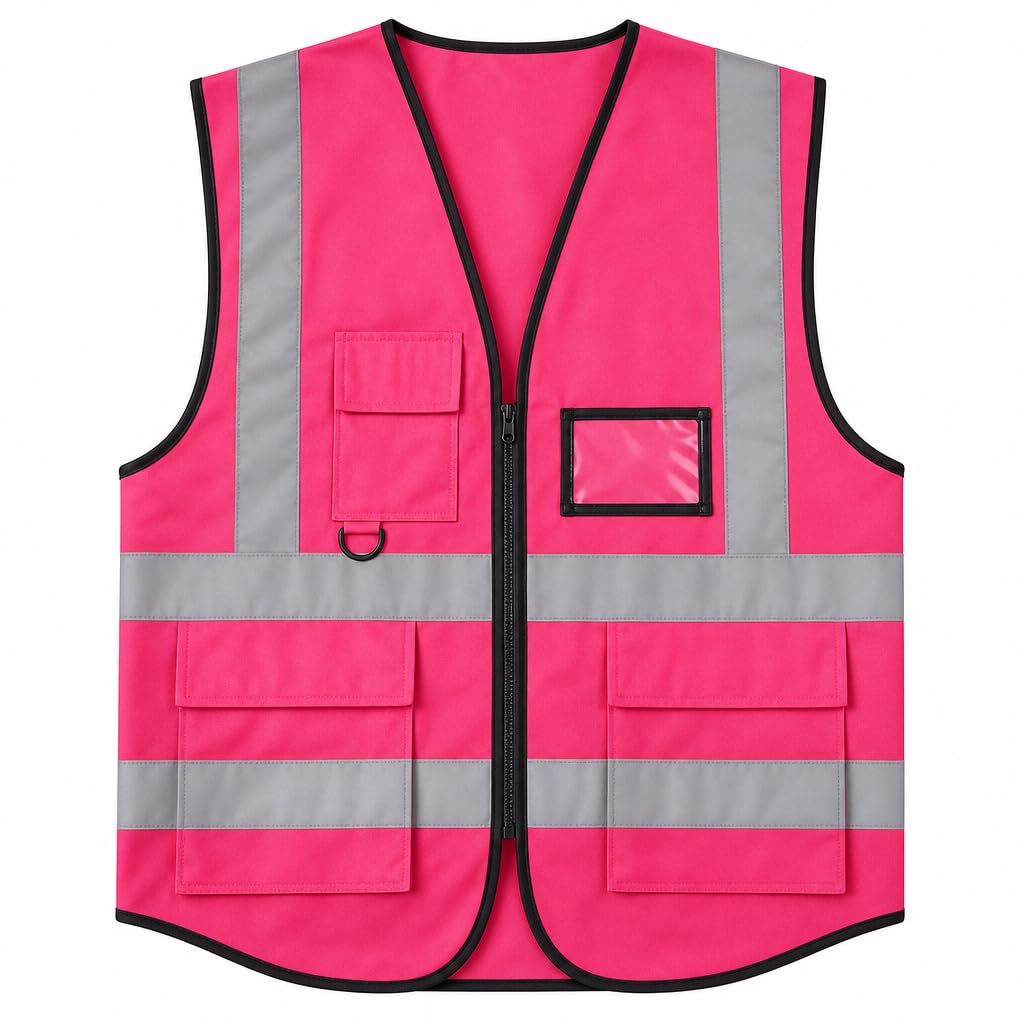 Pink Hi Vis Vest with Pockets, Reflective Zip Work Waistcoat, Sizes XL