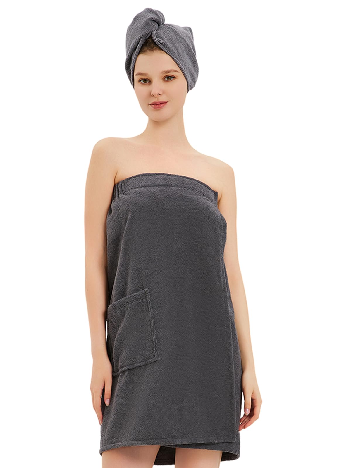 GUODDS Womens Bath Body Wrap & Hair Towel Shower Spa Wrap Robe Adjustable Closure Bathrobe