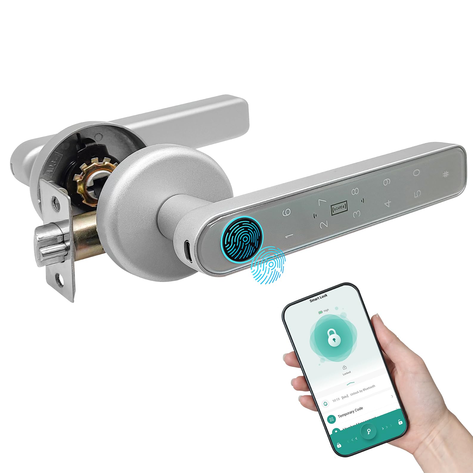 LED ATOMANT Confezione da 4 Serratura Smart per Porte 5 in 1 con Impronta Digitale, Codice PIN, App Mobile, Scheda RFID e Chiave, Apri Porta di Casa Biometrica per Casa, Ufficio o Hotel
