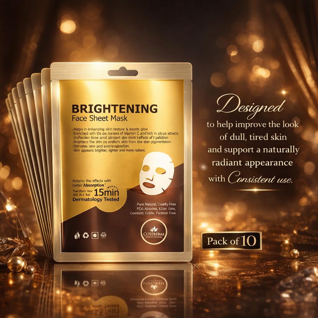 Brightening Face Sheet Mask Pack of 10 | Helps Unify Skin Tone & Enhance Natural Radiance | Refreshing Sheet Mask for Luminous, Even-Looking Skin