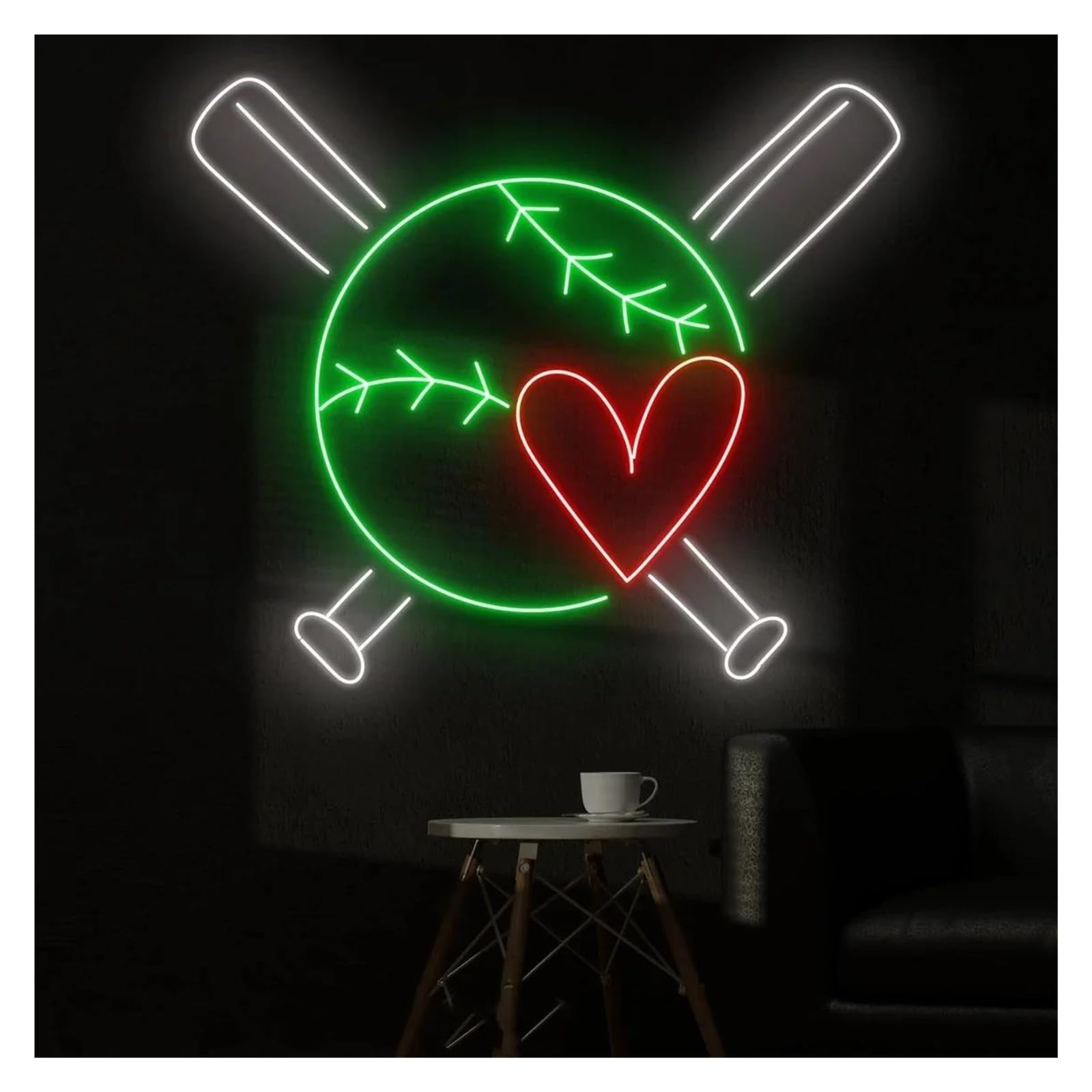 Scritta luminosa Insegna Al Neon A Forma Di Cuore Con Mazza Da Baseball Per La Decorazione Di Negozi Di Baseball, Club E Stanze Per Amanti Dello Sport 38cm