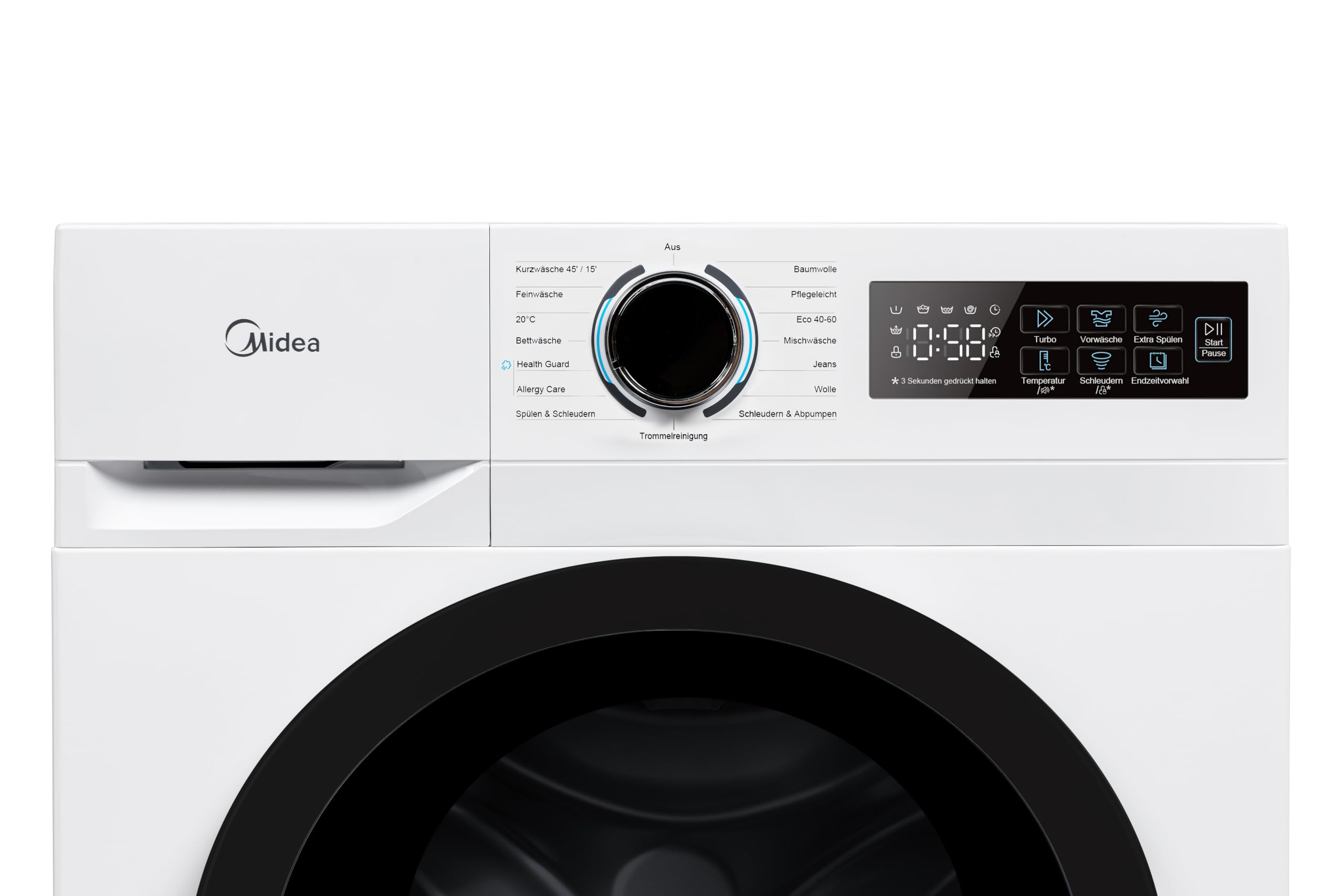 Midea Waschmaschine MF110 Series 8KG EEK A-10% MF11EW80BA10 | Kurzwäsche 45' / 15' 1400 U/min Wolle Inverter Motor Allergy Care Dampffunktion Trommelreinigung AquaStop Health Guard