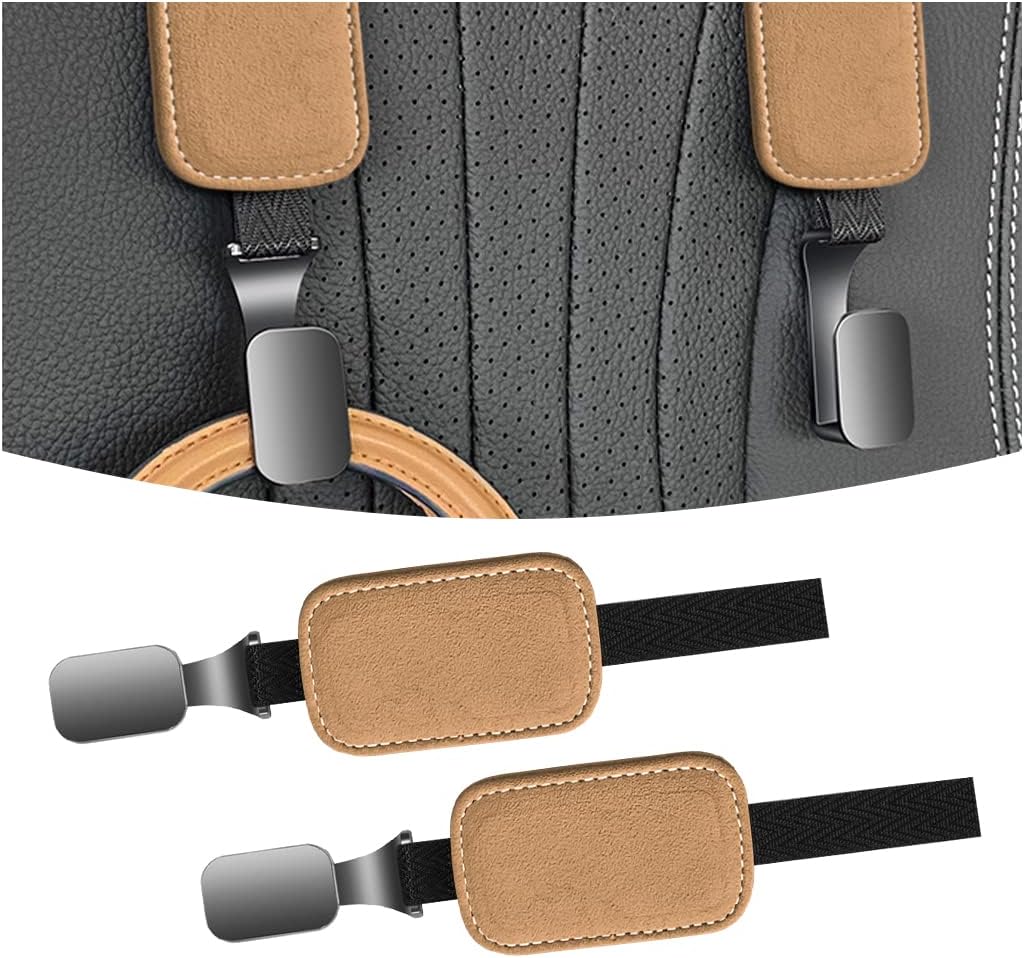 AUCELI Car Seat Headrest Suede Hook, 2 Pack Auto Seat Back Hooks, Suede Storage Organizer with Metal Hanger, Vehicle Backseat Hangers, Creative Interior Accessories for Hanging Grocery Purse (Camel)
