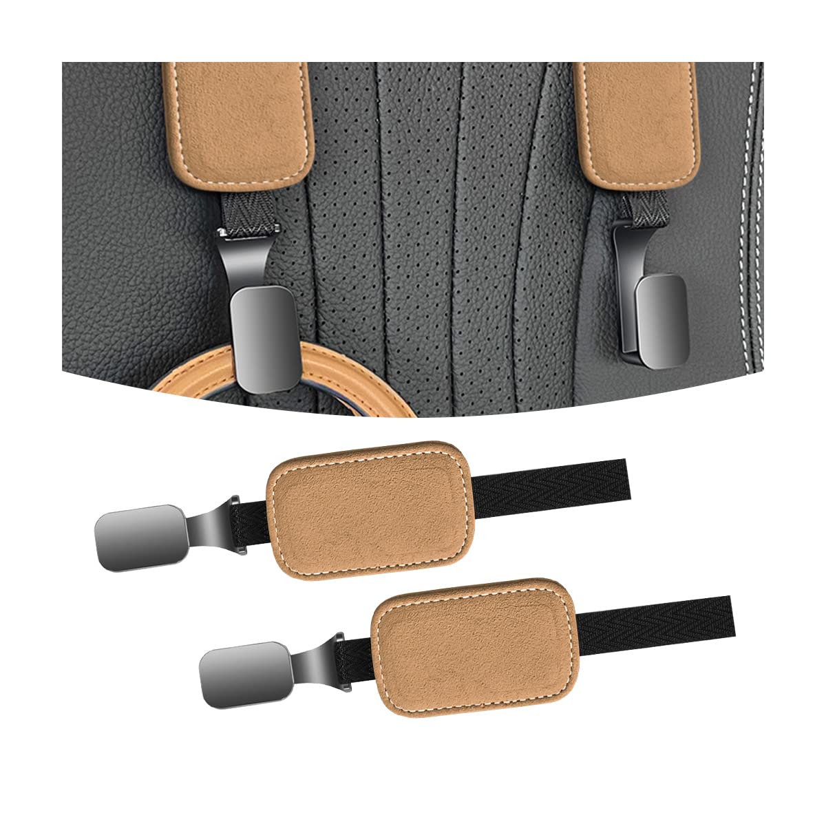 AUCELI Car Seat Headrest Suede Hook, 2 Pack Auto Seat Back Hooks, Suede Storage Organizer with Metal Hanger, Vehicle Backseat Hangers, Creative Interior Accessories for Hanging Grocery Purse (Camel)