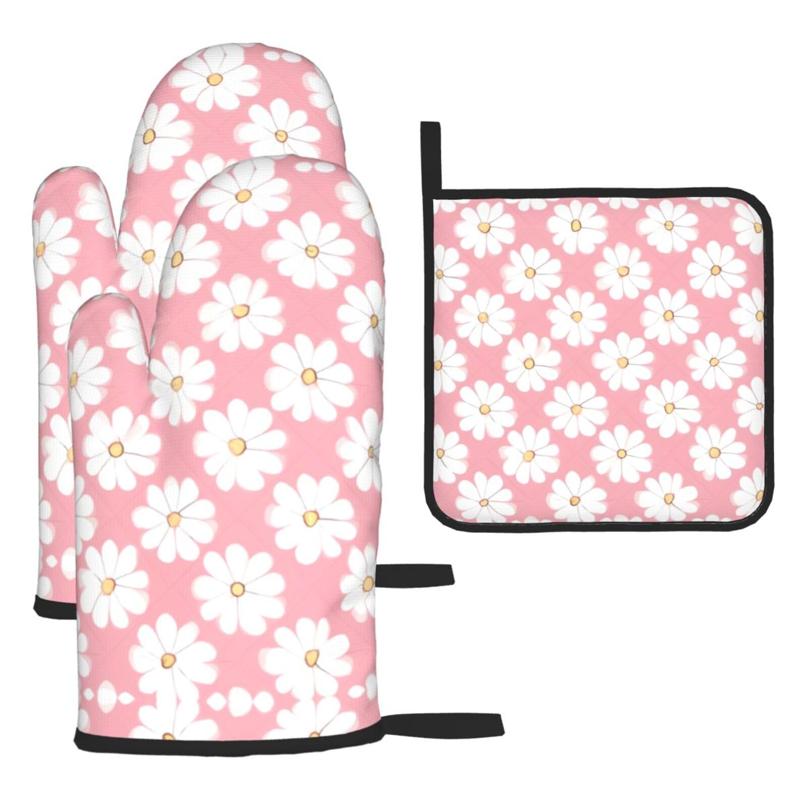 White Chrysanthemum Texture Chart Oven mittens and oven mitts three-piece set suitable for oven, grilling, baking, microwave and home cooking.