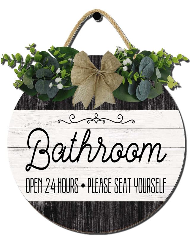 Hilonret Rustic Farmhouse Bathroom Wall Art, Open 24 Hours Please Seat Yourself, 12cm Round Wooden Sign