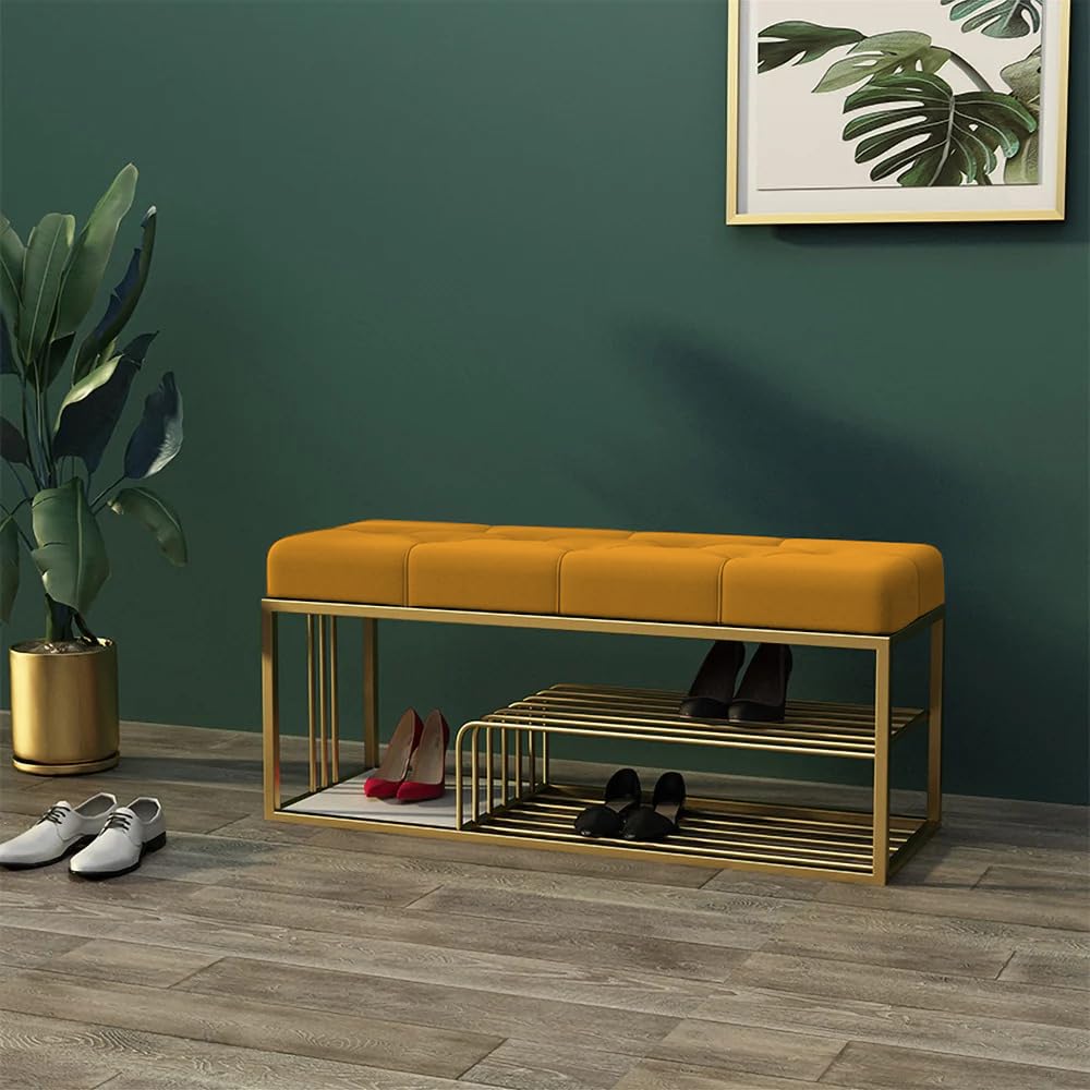 Metal End of Bed Bench-Upholstered Entry Shoe Storage with Nailhead Trim,Black Mental Frame Ottoman Bench for Bedroom Entry Window Mudroom Living Room (Yellow)