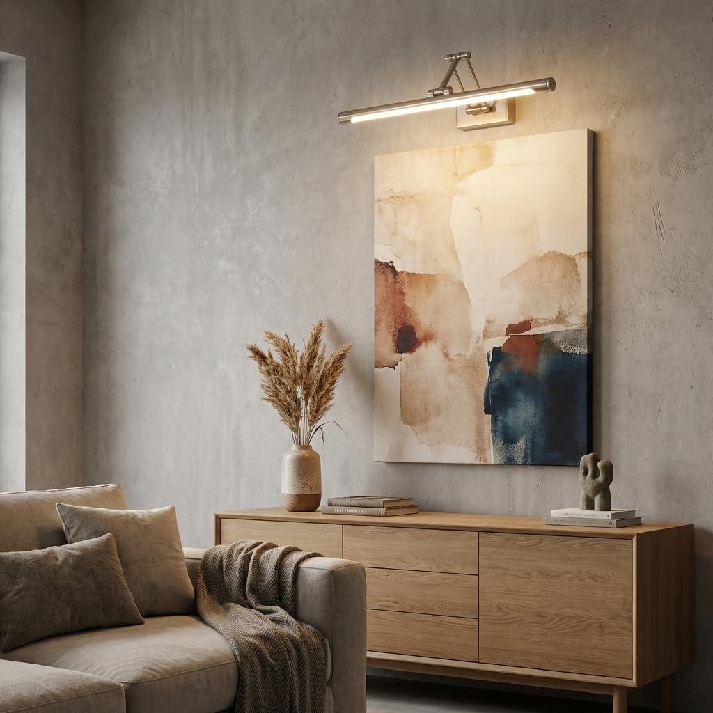 Alpinaluz Aplique LED para Cuadros 60 cm 12W en Aluminio Color Níquel con Brazo Doble Articulado Orientable en 3 Ejes, Luz Cálida 2800K, Diseño Moderno Elegante para Iluminación Interior en Estudio