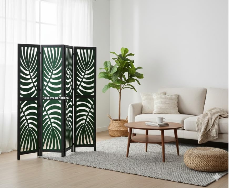 Image of Wooden Room Divider 6 Feet, 4-Panel Folding Wooden Partition for Living Room, Office, Pooja Room, Restaurant, Kitchen & Balcony (2W x 1.82H Meters). (Green-Black)