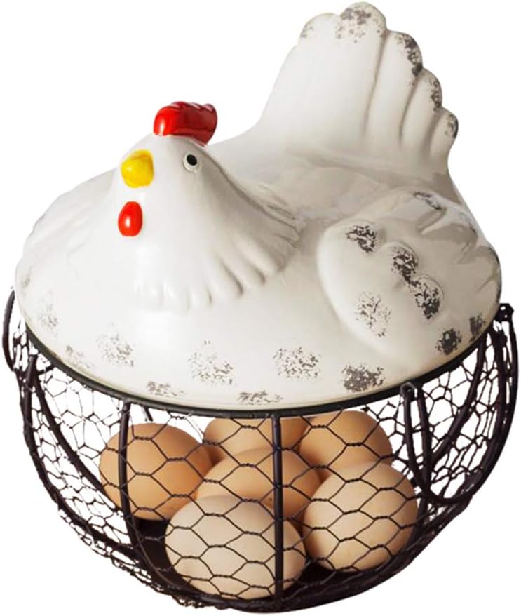 WUFENG Farmhouse Style Egg Storage Basket, Multipurpose Black Metal Wire Egg Holder Container with Handle Kitchen Accessories, for Chicken Coop, Farm