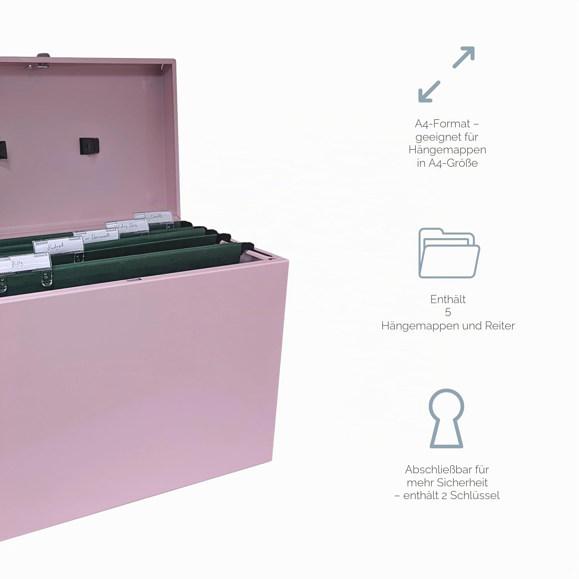 Cathedral Products A4 Stahl Aktenbox mit Starter Pack mit 5 Hängemappen – Pastellrosa