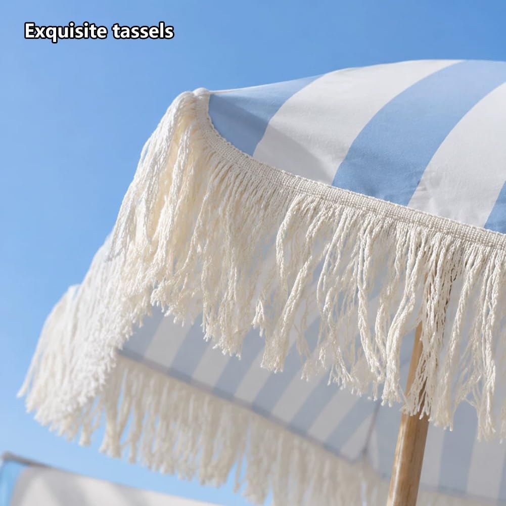 Generisch 180 cm Boho Streifen Strand Sonnenschirm mit Fransen, Neigbarer Gartenschirm mit Höhenverstellbarem Mast für Pool, Garten, Terrasse(Green Stripe)