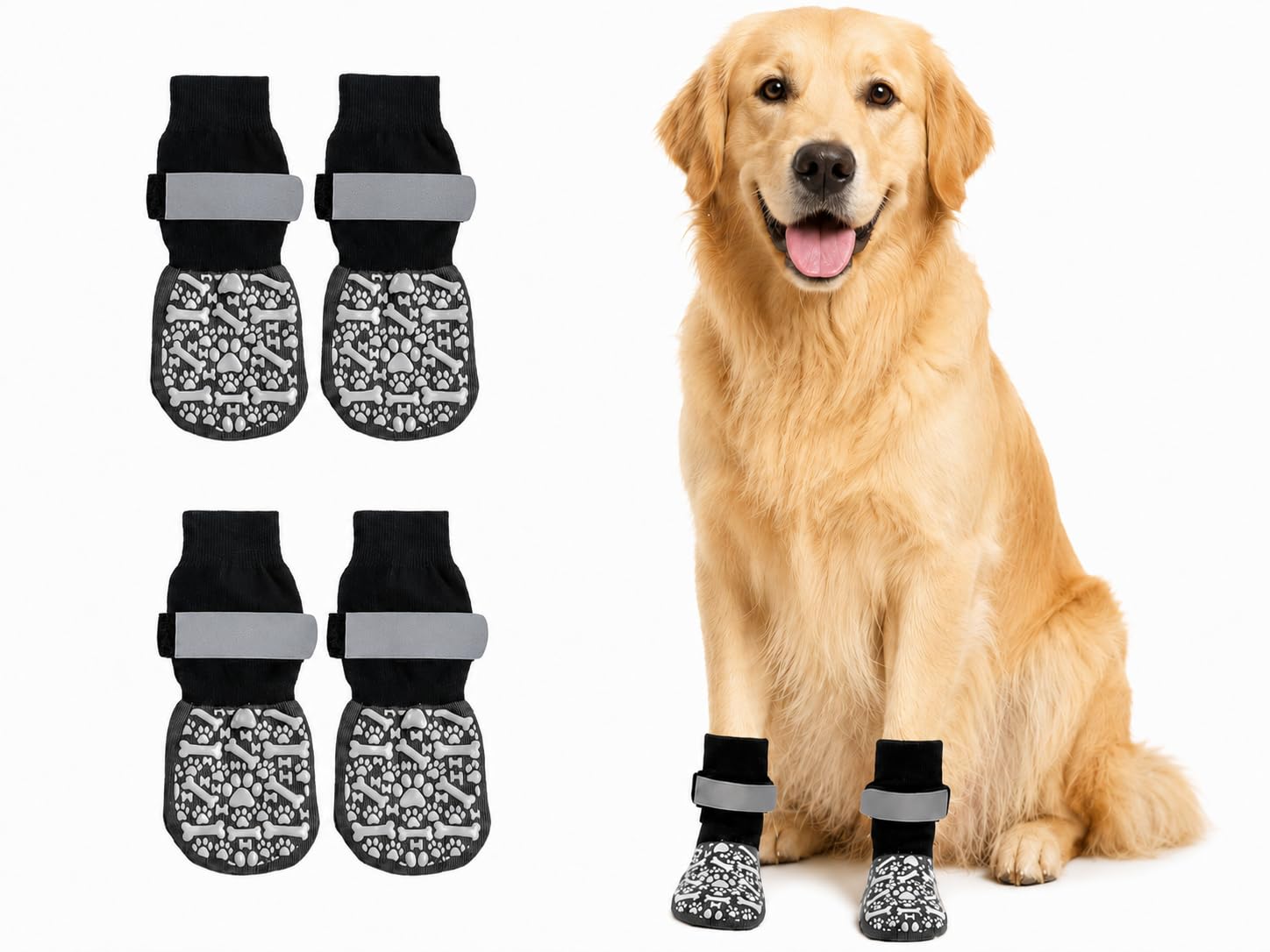 Fjquamitix 4 Pcs Dog Socks Anti-Slip Pet Paw Protector with Adjustable Straps Stop Licking Injured Paws for Indoor on Hardwood Floor Wear (White Bone, XS)
