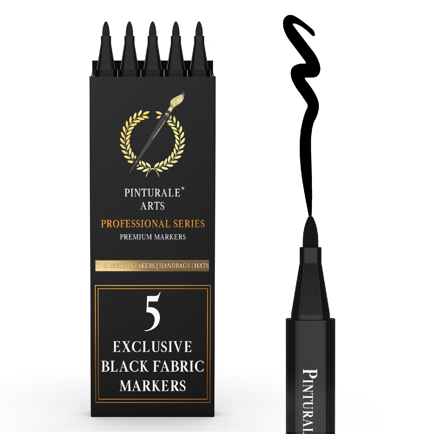 Pinturale Arts 5 Rotulador Textil Negro | Set Rotuladores Textiles Permanentes Ropa y Tela | Para Camisetas, Bolsos, Zapatillas | Rotulador Textil Permanente Negro