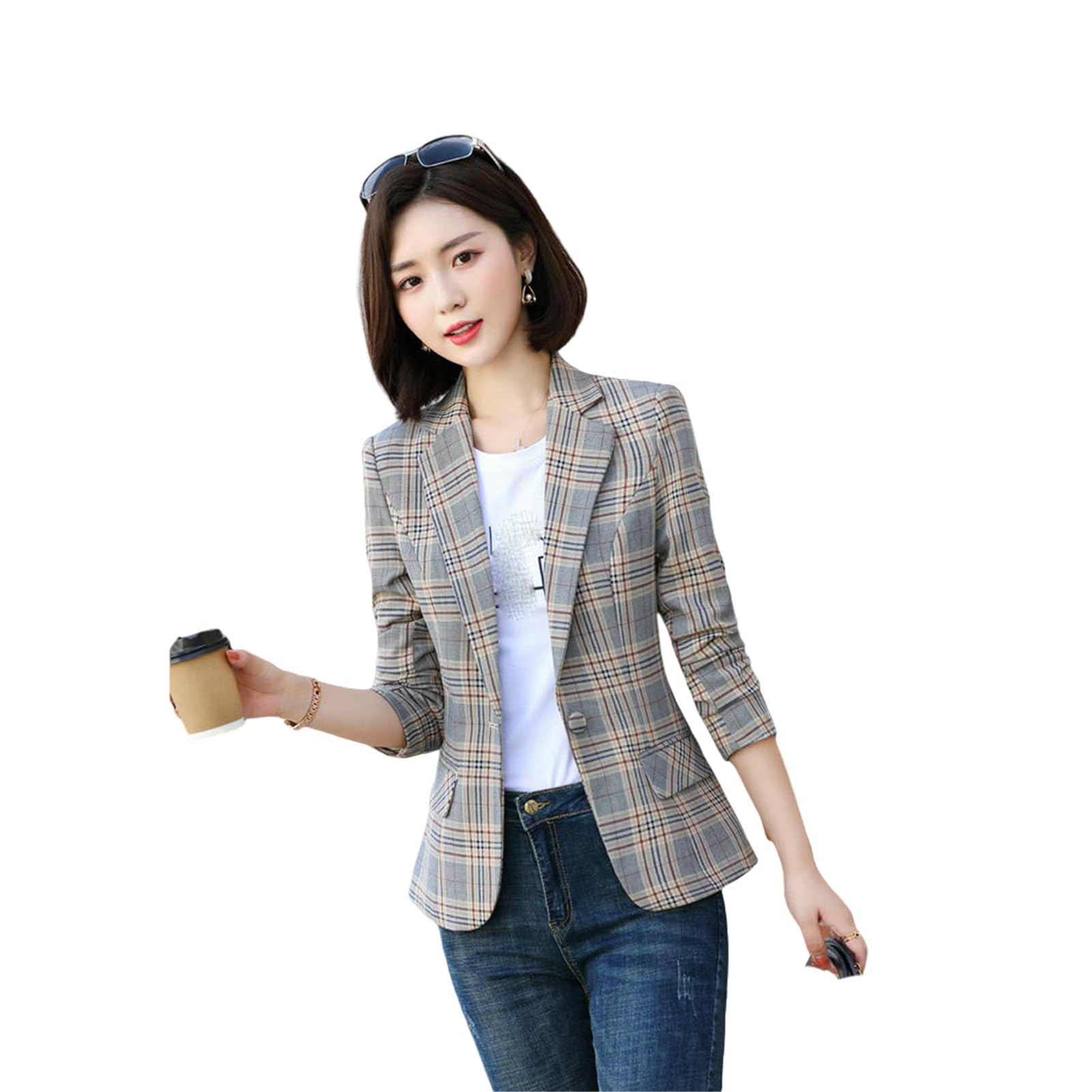 Womens Spring Autumn Korean Style Plaid Blazer Coat Commuting Long Sleeve Workwear
