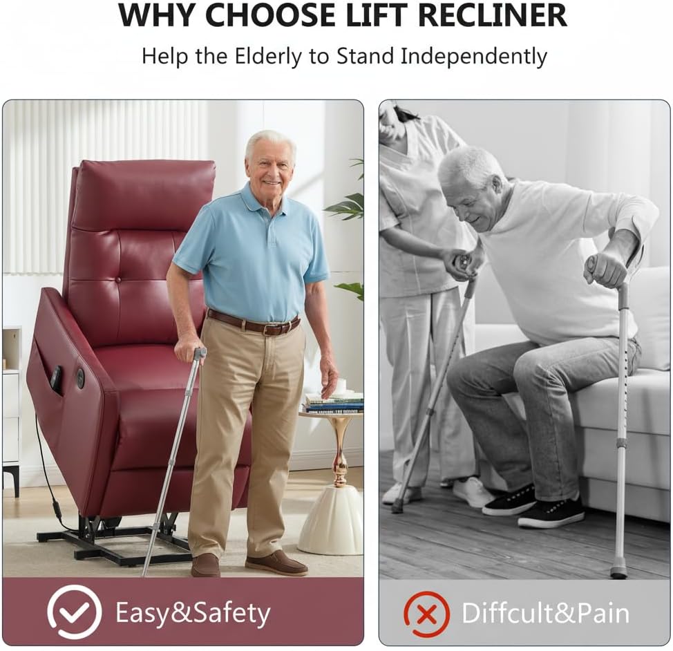 PELUMY Power Lift Recliner Chair with Massage and Heat for Elderly, Single Motor Electric Lift Chair, Heavy Duty Recliner with USB Charging & Side Pockets (Breathable Leather, Red)