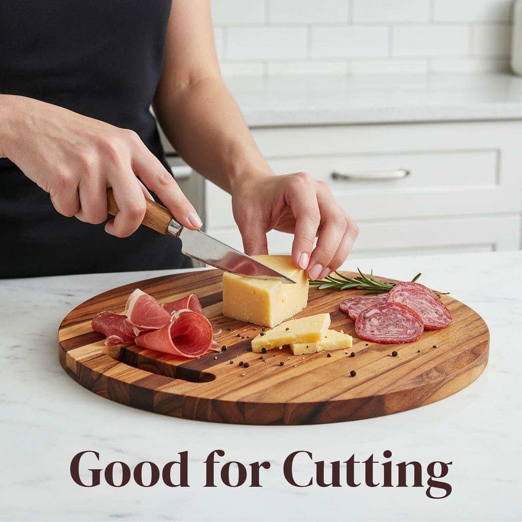 Teak Wood Round Cutting Board 12" x 12" x 0.6" Thin Edge Grain for Kitchen Prep, Cheese, Fruit, Serving - Lightweight Solid Wood Platter w/Hanging Hole, Non-Toxic by New M Way