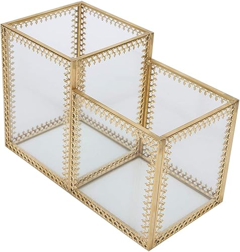 Nail Tools Storage Box, Makeup Brush Organizer with Clear Glass & Metal Edging, Dust Proof, Durable High Low Grid Design