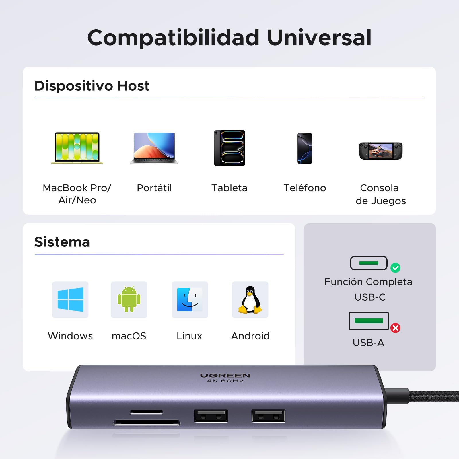 UGREEN Revodok 107 Hub USB C HDMI 4K 60Hz Adaptador Tipo C Ethernet RJ45 Gigabit Lector Tarjeta SD TF PD 100W Carga Docking Station Compatible con MacBook Neo iPad Pro Air iPhone 17 Pro MAX Air