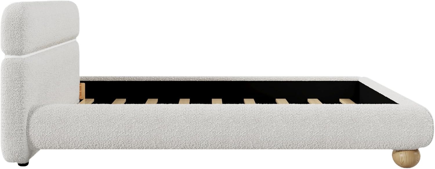 Upholstered Bed with Teddy Fleece Boucle Fabric and Solid Round Legs, Stylish Curve-Shaped Design, Contemporary Low Profile Bed Frame for Bedroom, Queen Size, White