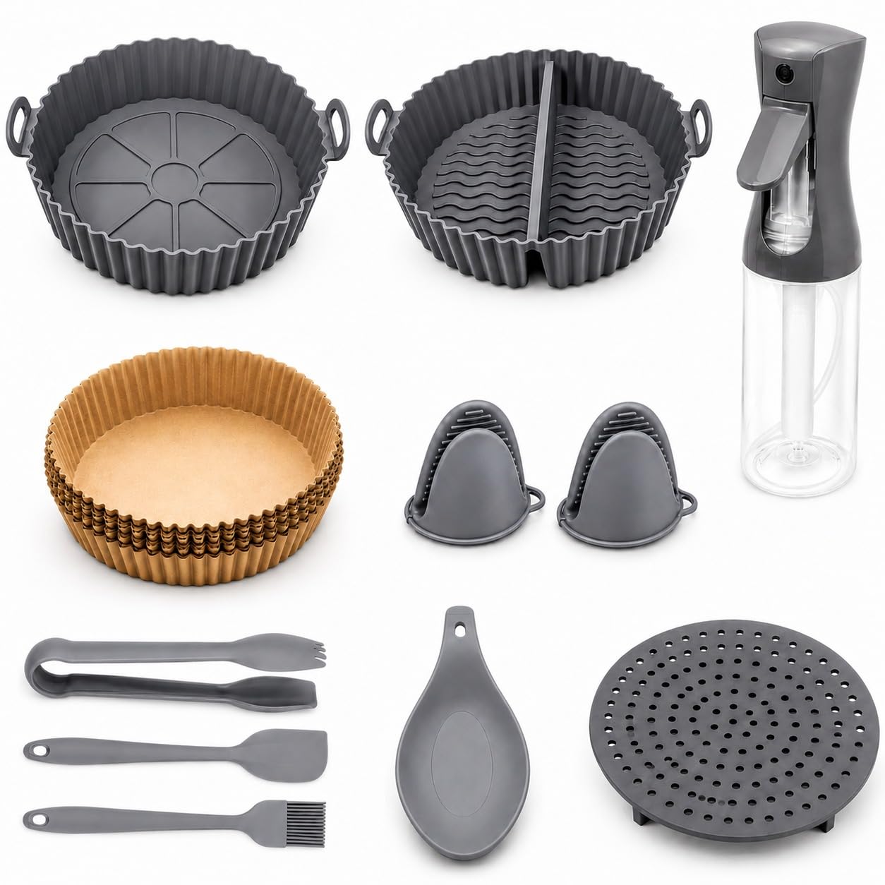 Kit Accesorios Air Fryer 20 cm | Molde Silicona Reutilizable, Spray Aceite 230 ml, Utensilios Cocina, Compatible con Freidora de Aire