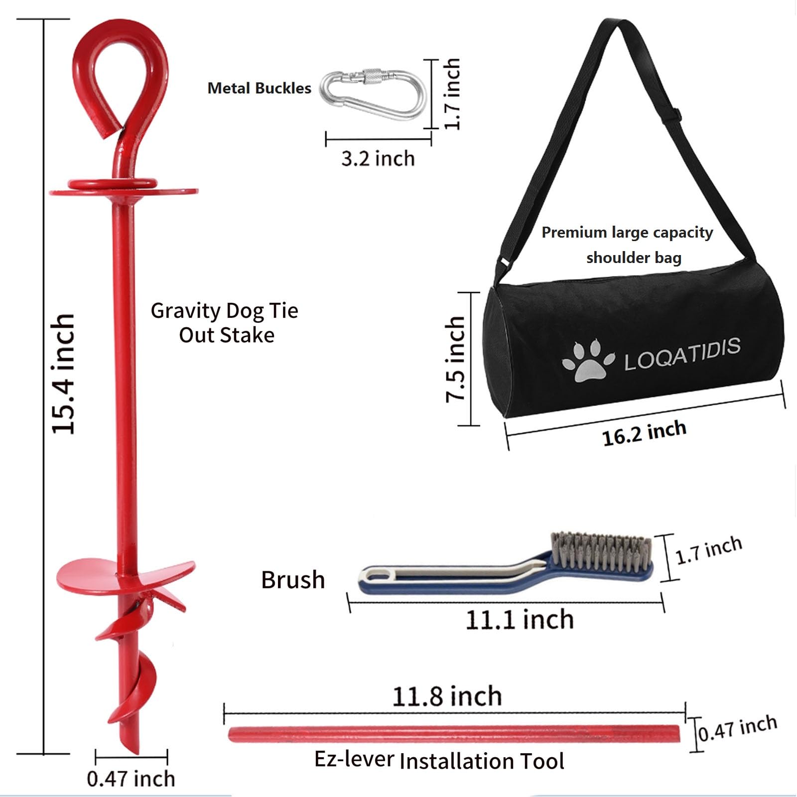 Cane Tie Out accessori cavo per giardino all'aperto Yard Camping -5in1 15,4'' picchetto + spazzola + borsa Ancoraggio a spirale a terra per cani, gancio per guinzaglio, guinzaglio, ecc