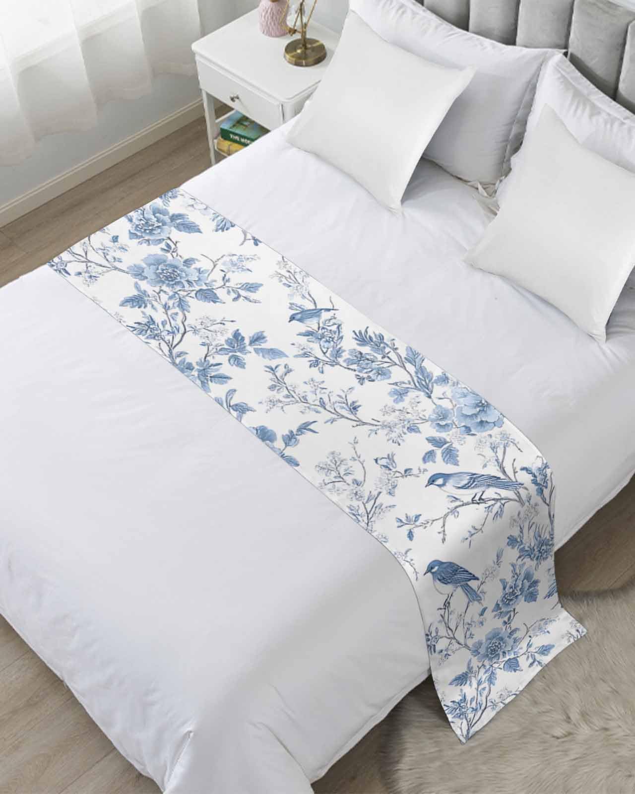 White Blue Spring Floral Bed Runner for King Size, Summer Birds Botanical Bedspread Protector Slipcover Bed Scarf for Foot Runners & Scarves for Bedroom Hotel Wedding Room 102x20 Inches