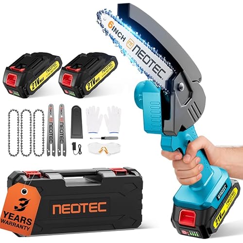 Mini Chainsaw Cordless 6-inch, NEOTEC Handheld Electric Chainsaw 4000mAh Battery Powered with Dual Security Lock, Mini Chain Saw for Tree Trimming Wood Cutting (2 Batteries+3 Chains+2 Bars)