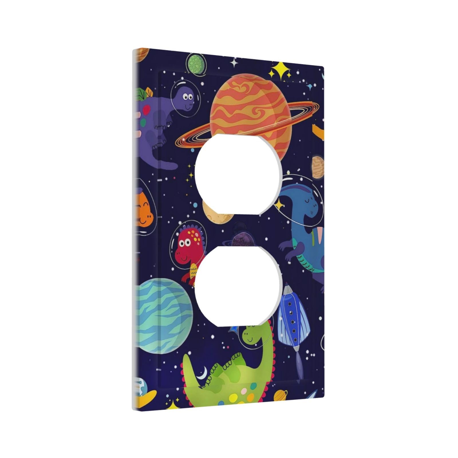 1 Gang Duplex Receptacle Switch Wall Plate Blue Cute Cartoon Dino Kids Dinosaur Universe Galaxy Outer Space Cosmos Planet Nebula Boy Girl Switchplate Mid Electrical Outlet Cover Receptacle Plug Cover