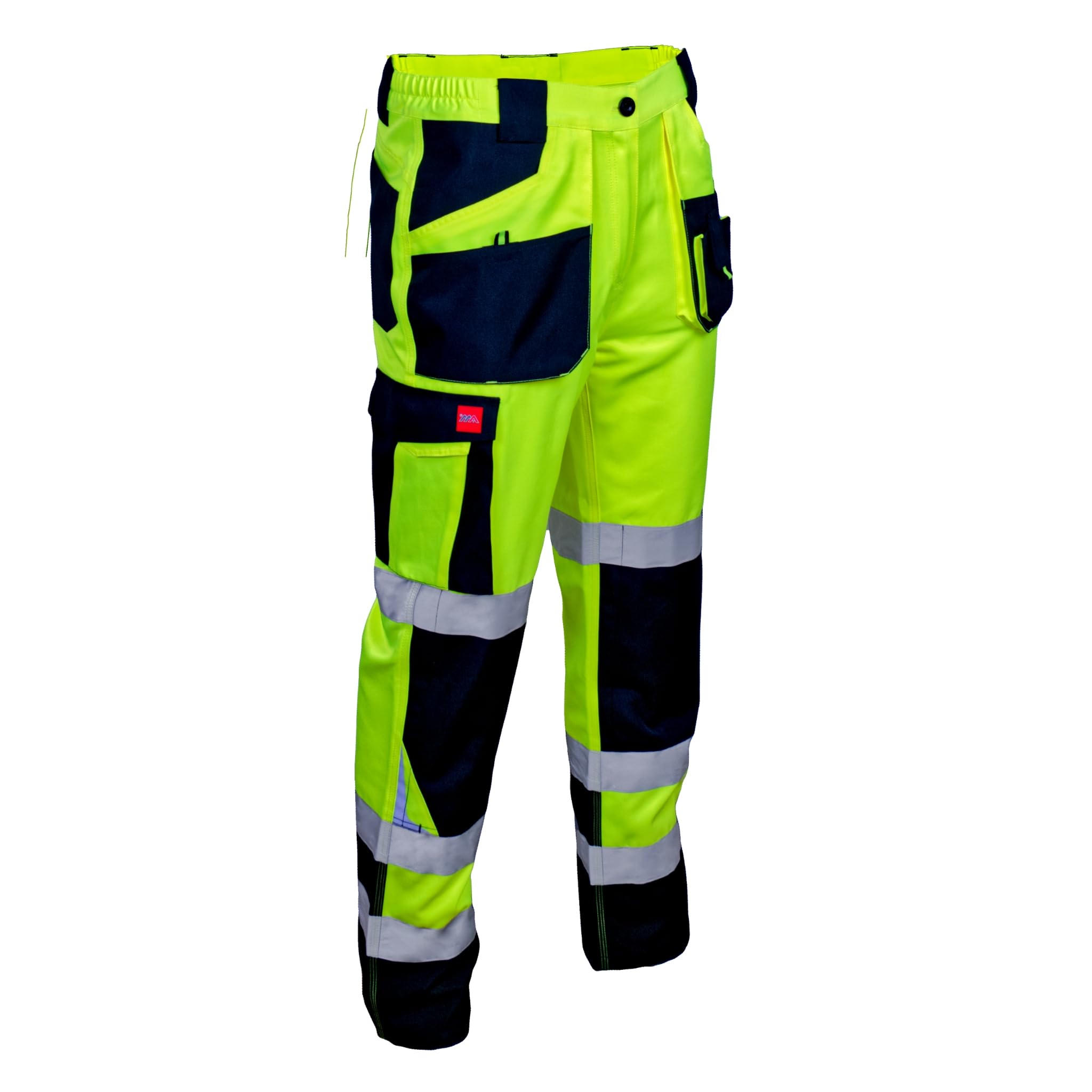 Art.mas Men's Yellow Professional Hi-Vis Trousers - Heavy-Duty Construction Work Pants - Reflective Bands - Comfort & Tear-Resistant - Knee Reinforcet - En Iso 20471 (28/30 Inch - 46Eu, No Knee Pads)