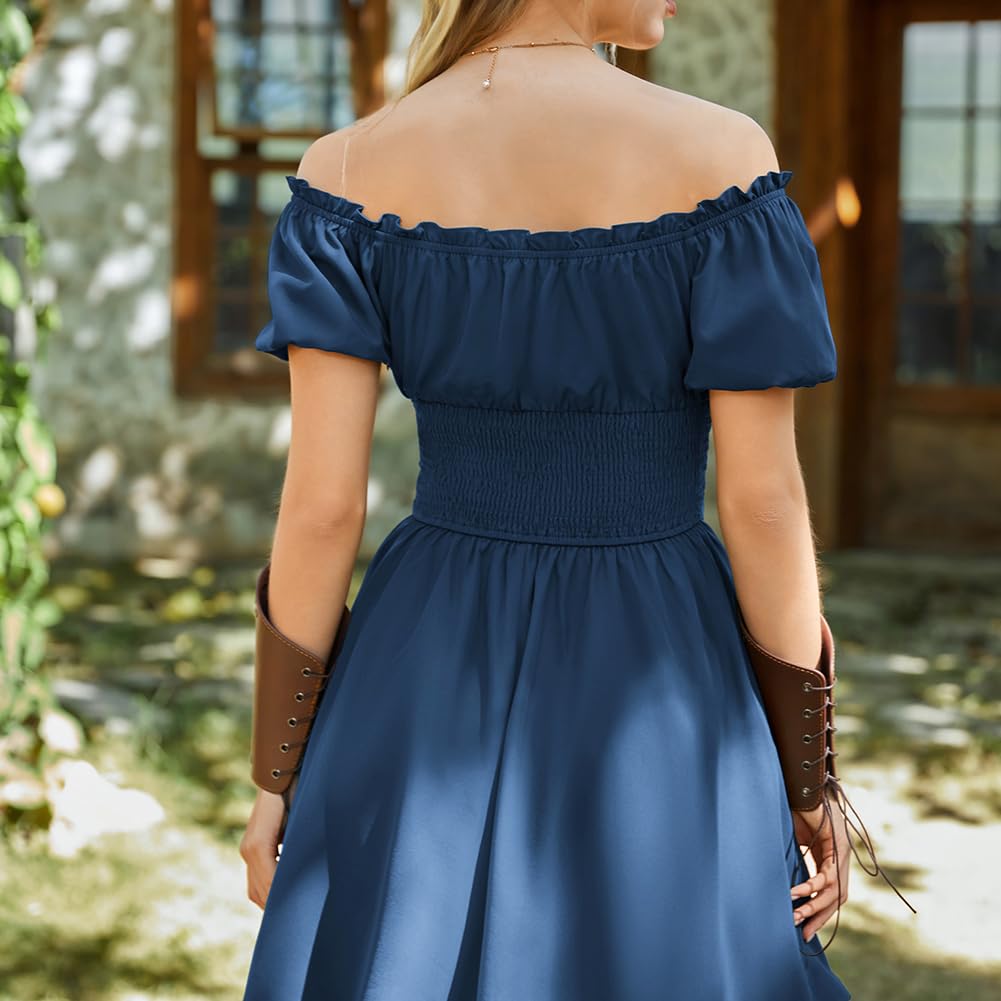 SCARLET DARKNESS Damen Renaissance Kleider Schulterfrei Kurzarm Corsagenkleid mit Gürtel Gesmokt Kleid