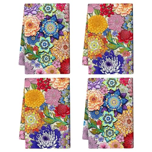 Boho Floral Kitchen Dish Towels Decorative Set of 4, Colorful Kitchen Stuff Hand & Tea Towels...