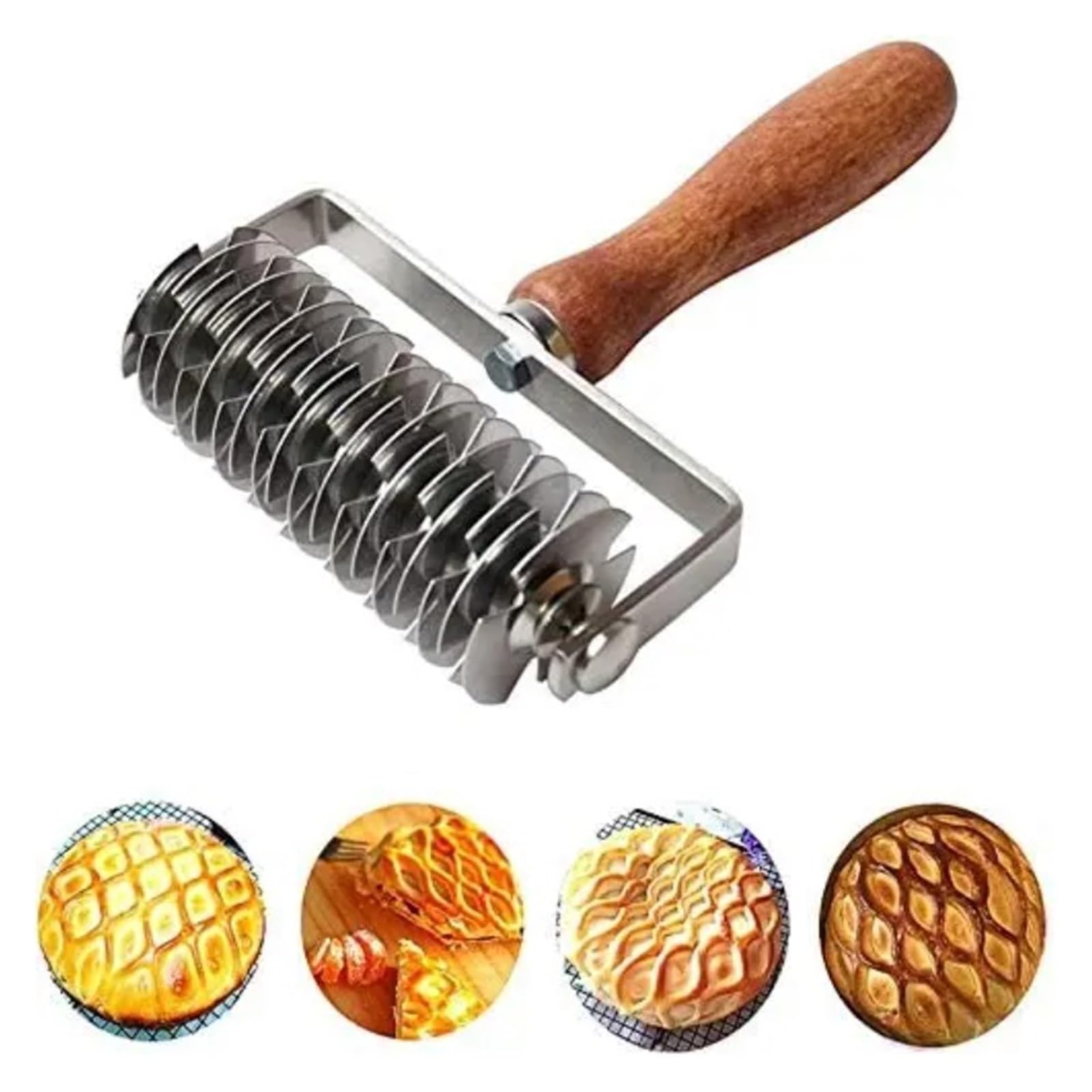 Rueda de acero inoxidable for Pizza, pan, aguja, rodillo perforador, masa for pastelería con mango madera for hornear(A)