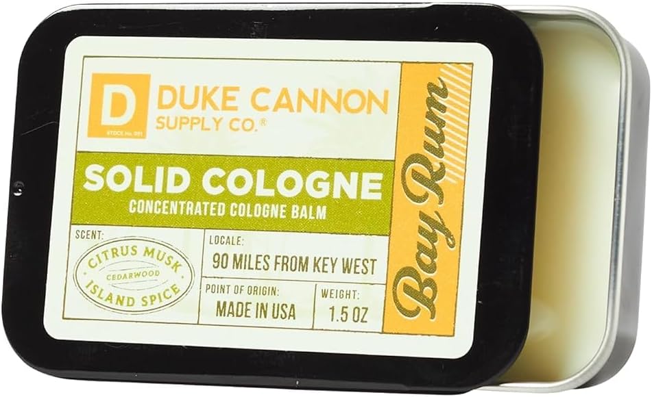 Solid Cologne for Men Bay Rum (Citrus Musk, Cedarwood, Island Spice) - Concentrated Balm, Travel-Friendly Convenient Tin, 1.5 oz