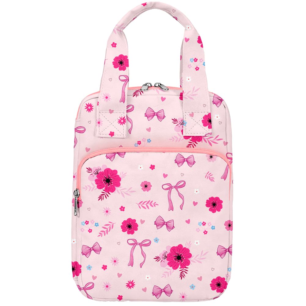 CRAFTYMELODY Bowknot Bible Cover Case Pink Bible Case for Women Canvas Waterproof Bible Book Carrier Bag Floral Pattern with Handle 7.9x10.4x2.2 in Fits for Standard Size Bible School Travel
