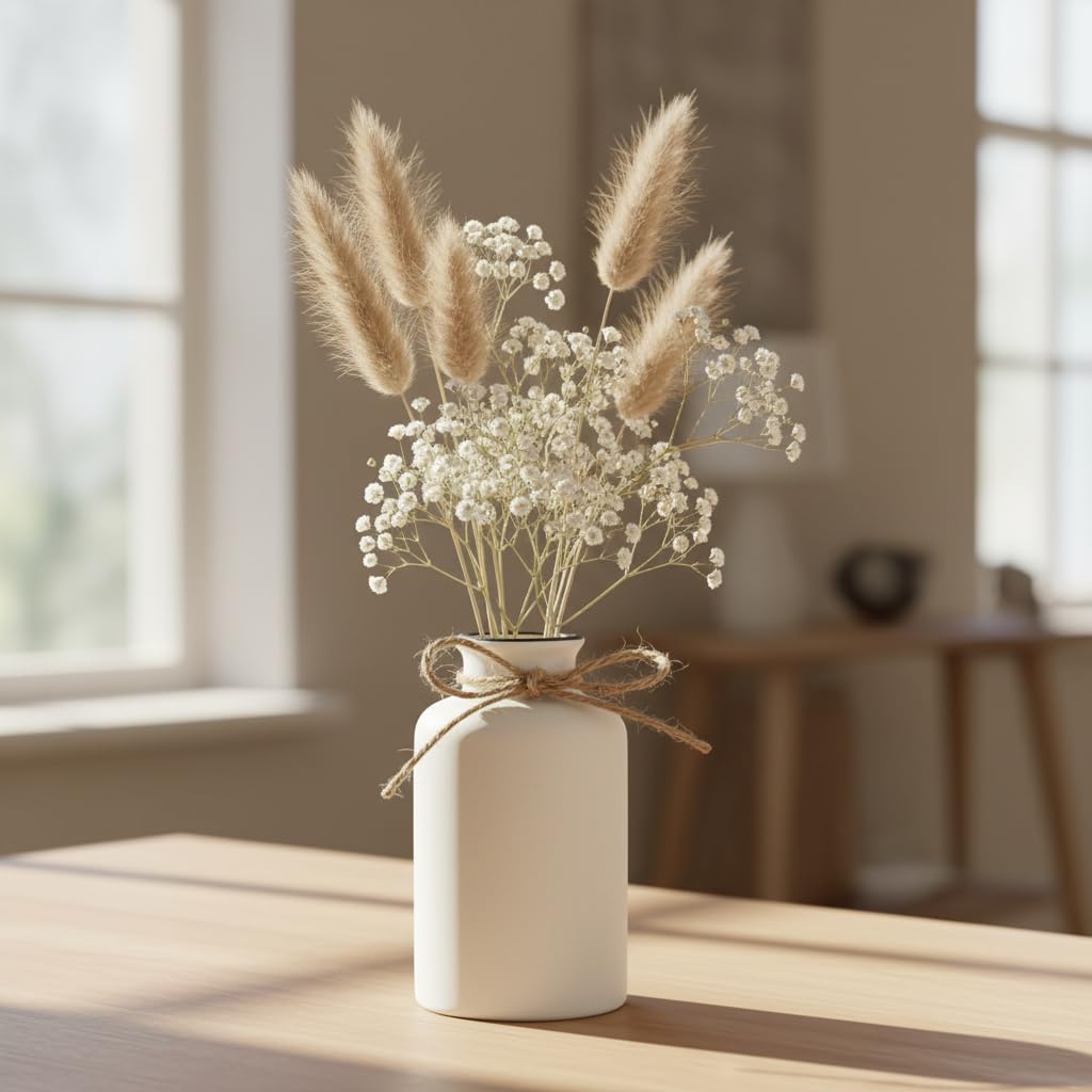 PUREZENTO White Vintage Roman Bottle Vase - 4.9 Inch (Pack of 1) | Decorative Bottle Shape Vase with Twine Bow for Rustic, Farmhouse & Home Decor | Vases for Living Room, Dining Table & Office Styling
