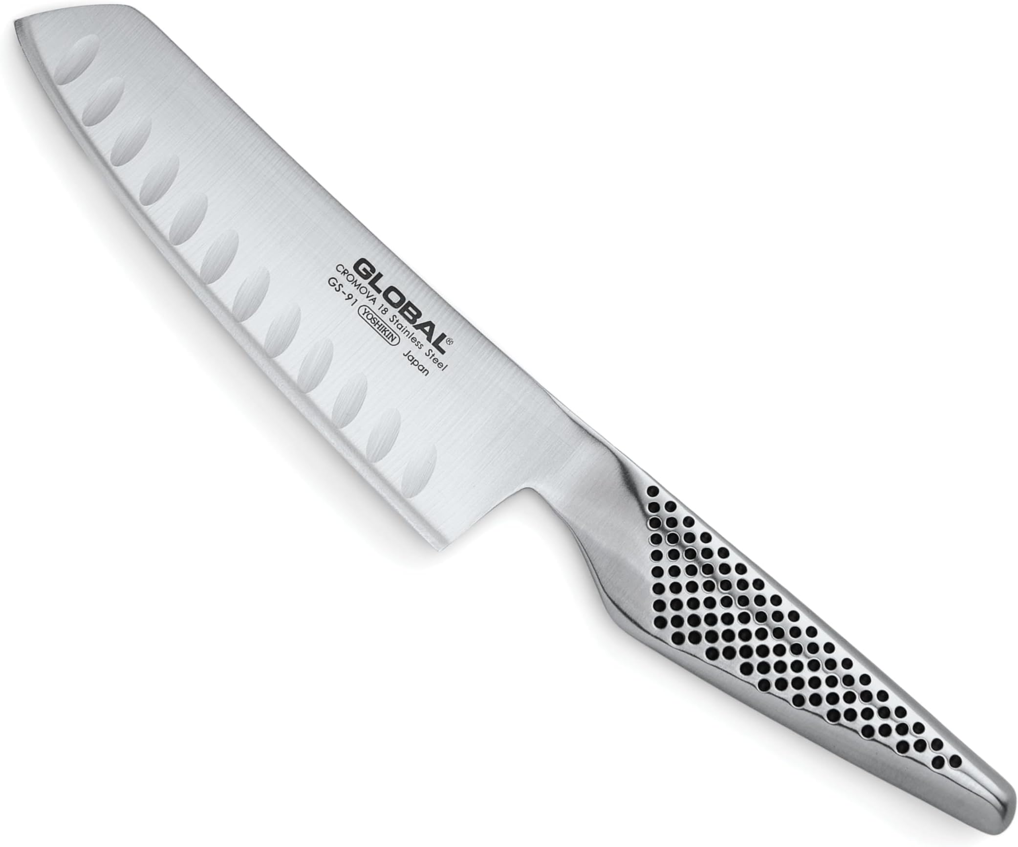 Global Fluted Vegetable Knife, 14cm. Stainless Steel. Ergonomic Dimpled handles ensures safe grip. Perfectly Balanced. Handcrafted in Japan.