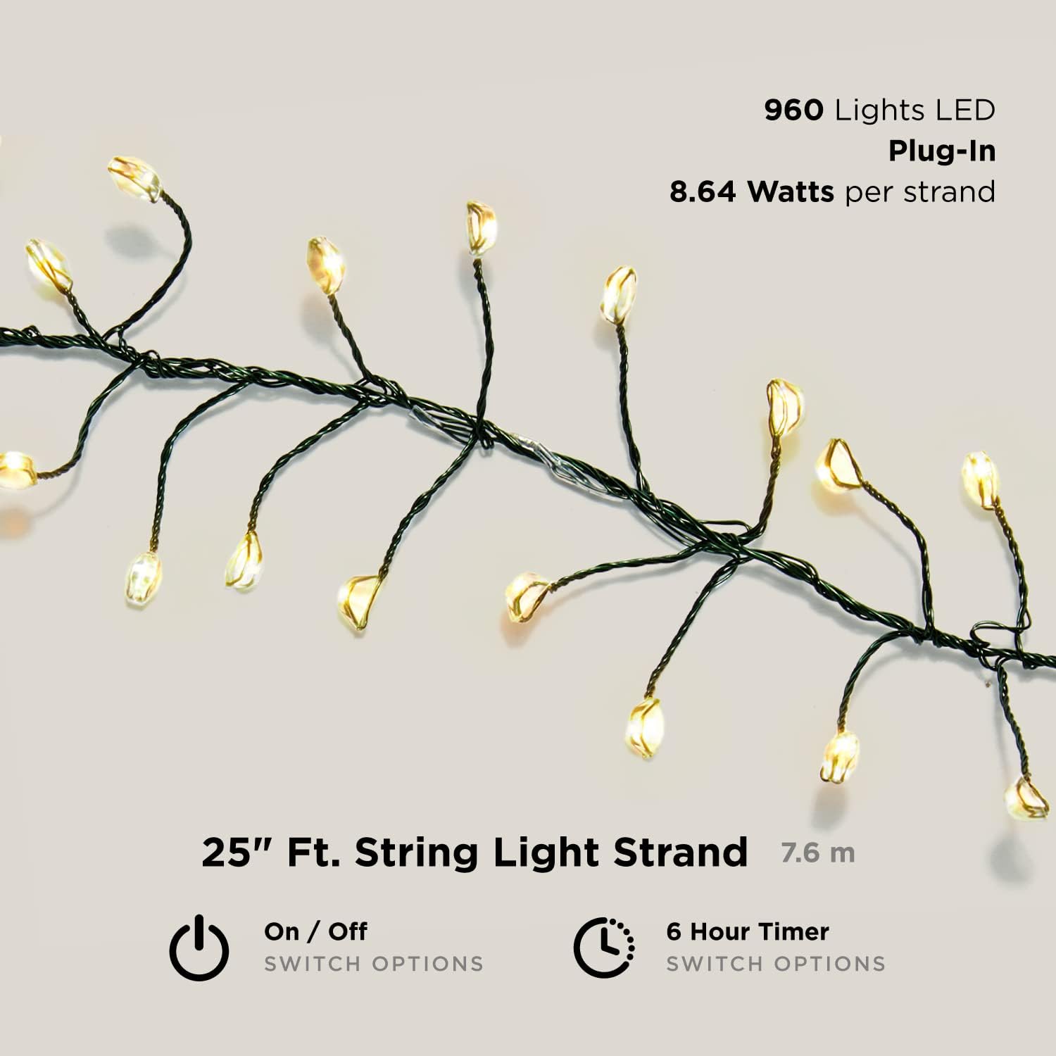 Lіmіtеd Stосk LED Cluster Light Garland - 25 Feet, 960 Warm White Lights on Green Wire, 6 Hour Timer, Plug in Lighted Garland, Indoor / Outdoor Home Decoration or Wedding Decor - UL Listed