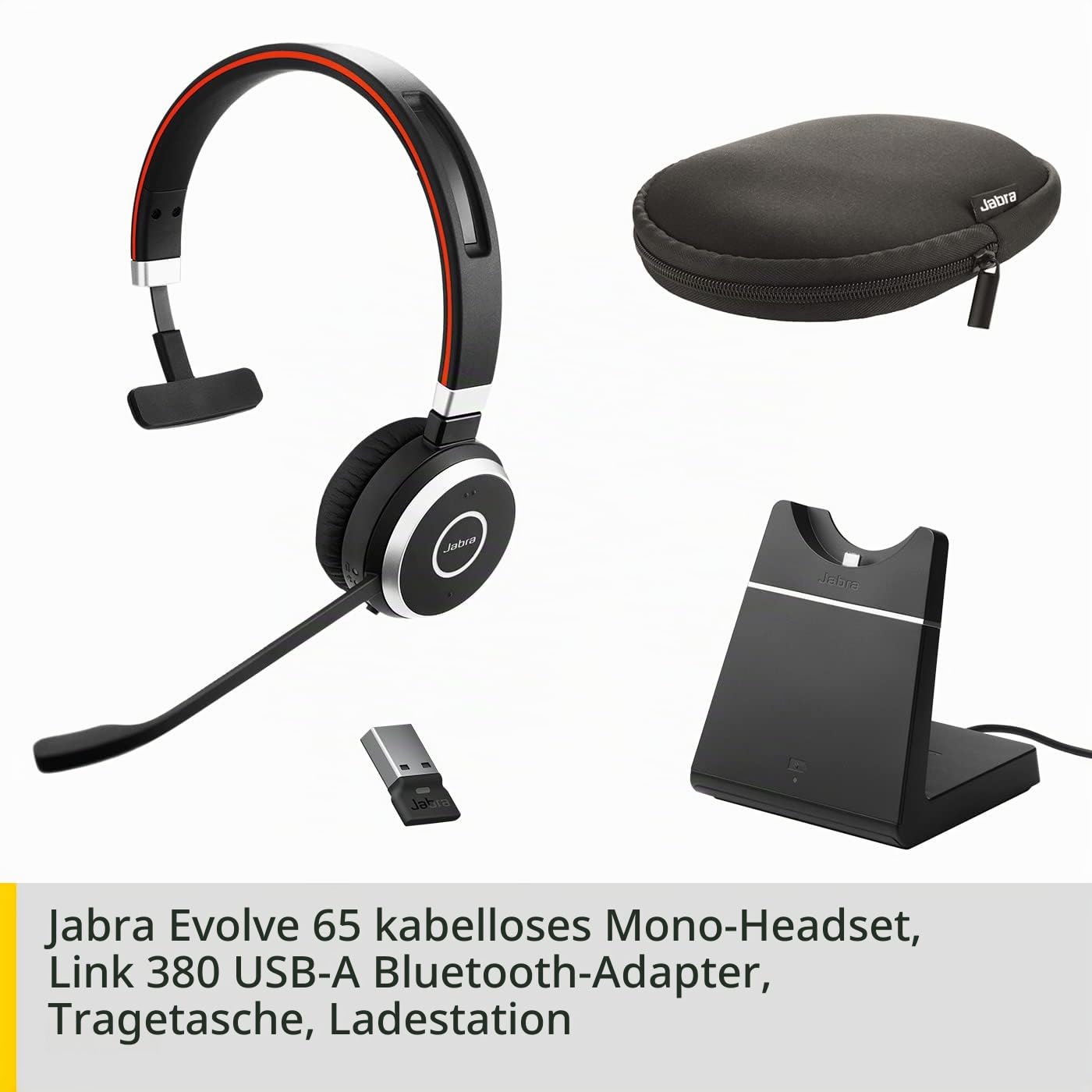 Jabra Evolve 65 Wireless Mono On-Ear Headset – Microsoft Teams zertifizierte Kopfhörer mit Langer Akkulaufzeit und Ladestation – USB Bluetooth Adapter – schwarz