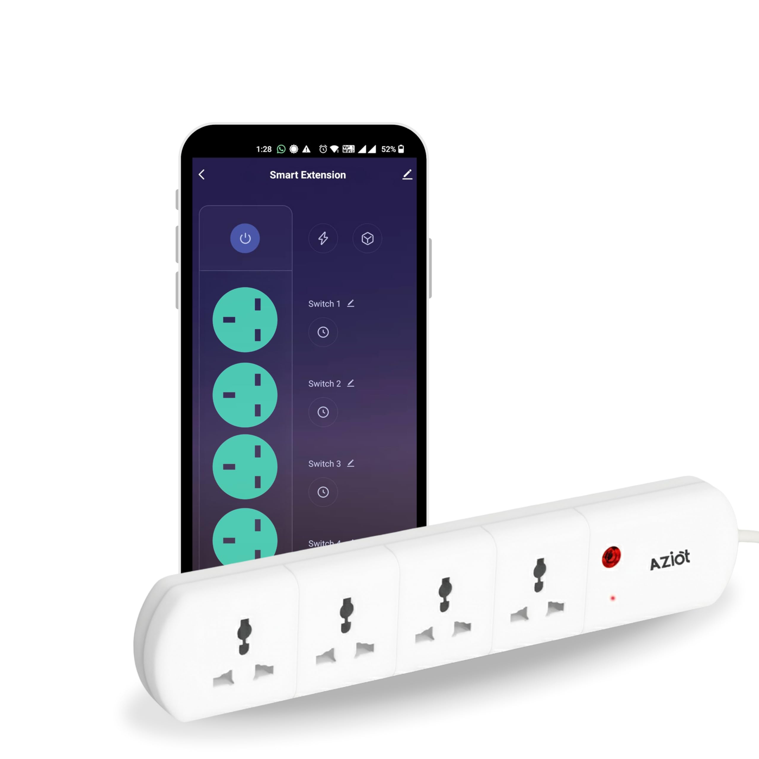 AZIOT 4 Socket Smart Extension - WiFi/Bluetooth, Power Monitoring, Individual Control, Made in India, Timer Function, Works with Google Home and Amazon Alexa