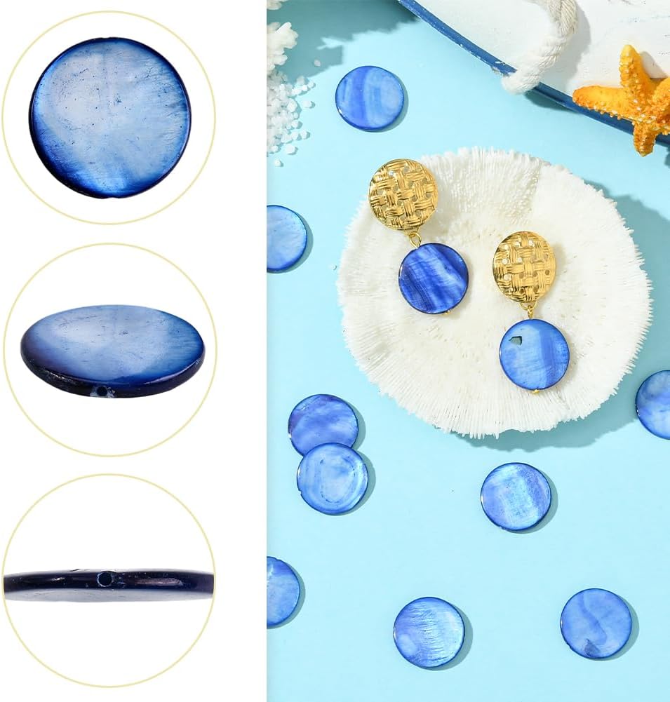 SUNNYCLUE 1 Box About 40Pcs Blue Flat Shell Beads Flat Round Shell Beads 20mm Natural Seashell Dyed Ocean Beach Hawaii Summer Large Spacers for Jewelry Making Necklace Bracelets Making DIY Crafts - Image 3