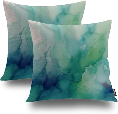 Shrahala Juego de 2 fundas de almohada decorativas de acuarela abstracta color verde azulado con pintura moderna y colorida mezclada de doble cara,