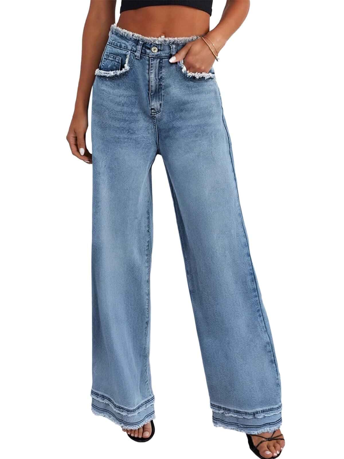 Women's Wide Leg Jeans Stretch High Waisted Baggy Jeans Loose Fit Jean for Woman 2026 Trendy,Frayed Raw Hem Denim Pants,Full Length,Y2K,Casual Office Wear,Going Out Outfits,Stretch